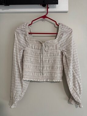 American Eagle Outfitters Cream Smocked Square-Neck Long Sleeve Crop Top